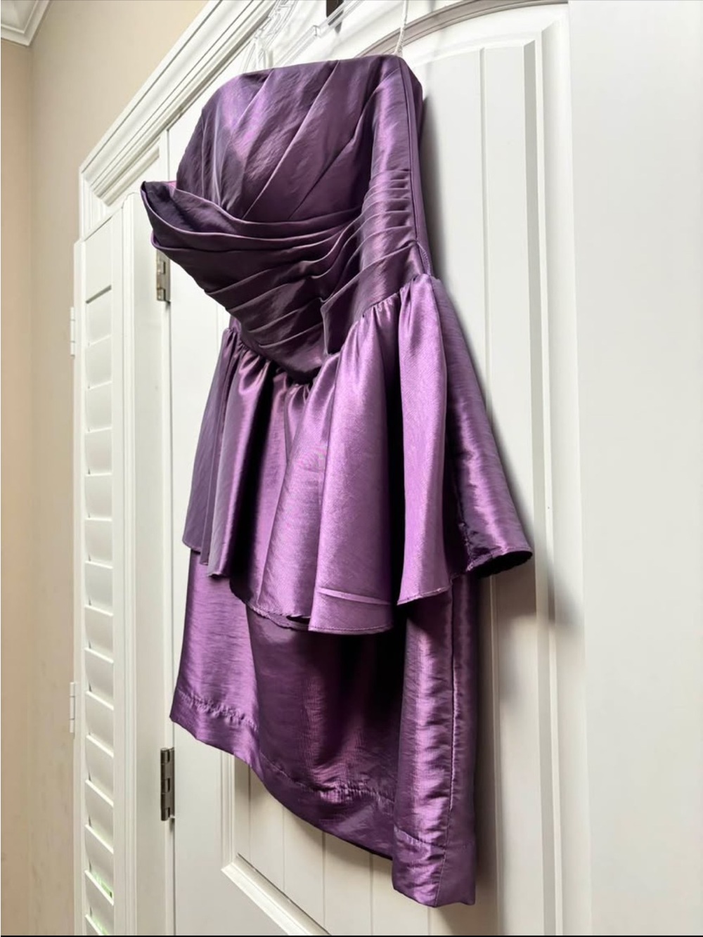 Strapless Asymmetrical Peplum Dress in Plum